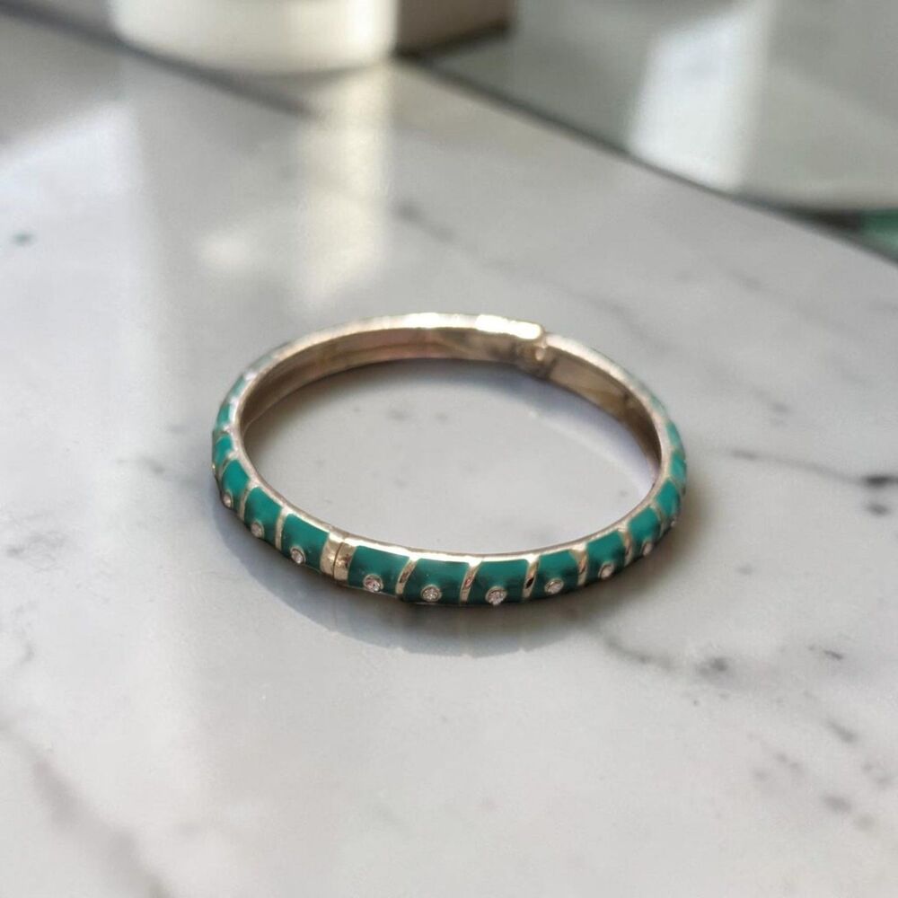 Gold Tone Green Enamel Bangle Bracelet, Rhinestone Hinged Bracelet